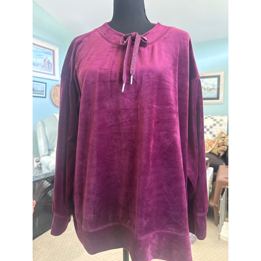 Zac & Rachel Womens 1X Burgundy Velour Pullover Sweatshirt Glitter Tie Neck